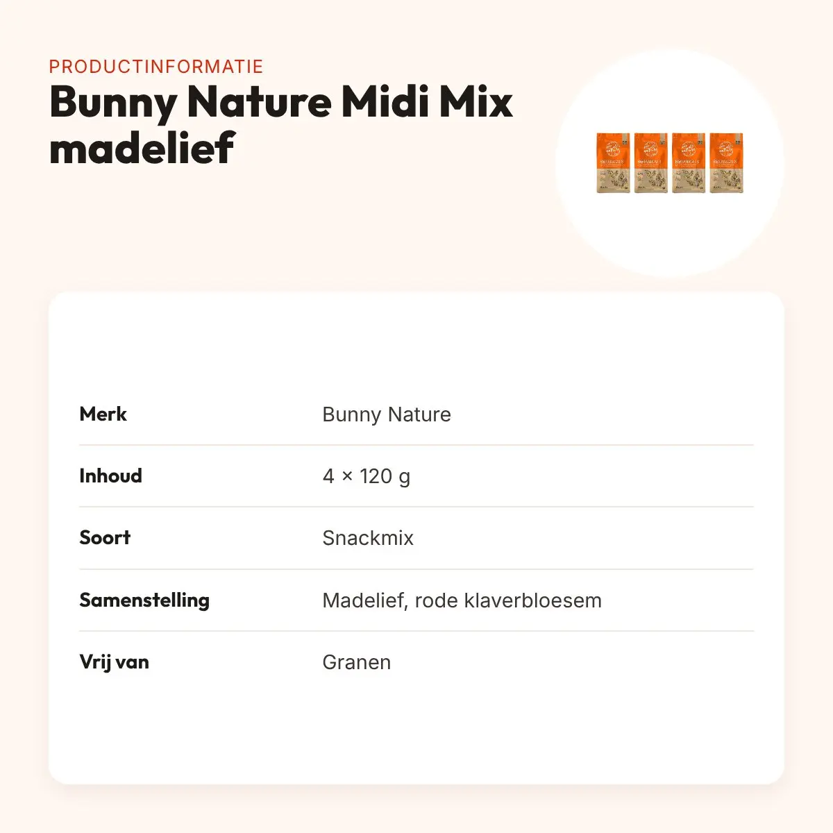 Bunny Nature Midi Mix madelief en rode klaver 120 g – multipack 4 stuks – productinformatie