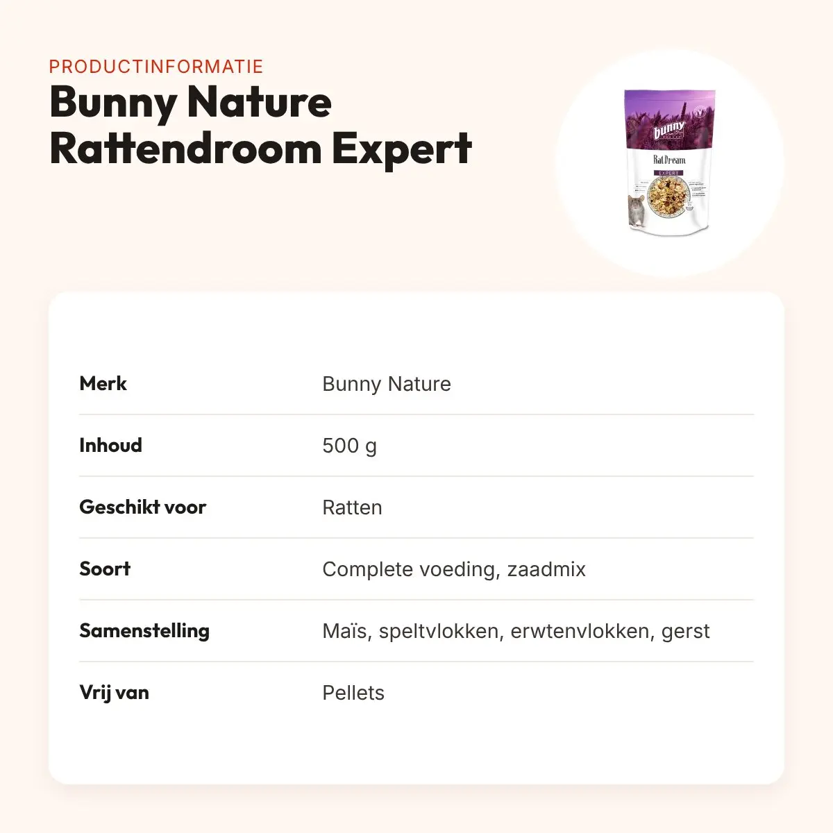 Bunny Nature Rattendroom Expert 500 g – rattenvoer zonder pellets – productinformatie