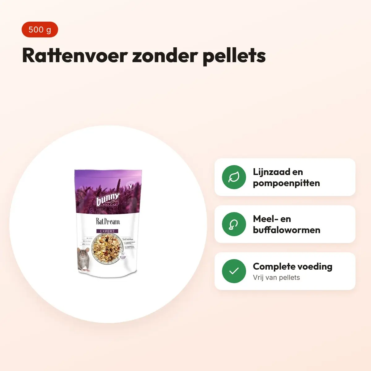 Bunny Nature Rattendroom Expert 500 g – rattenvoer zonder pellets – voordelen