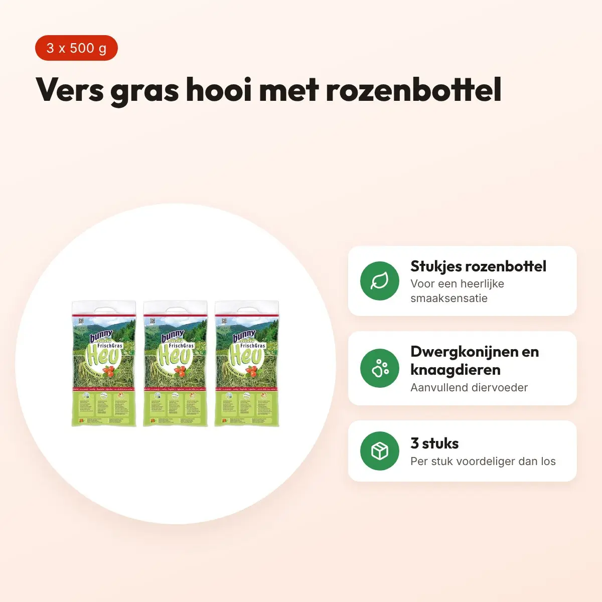 Bunny Nature vers gras hooi met rozenbottel 500 g – multipack 3 stuks – voordelen