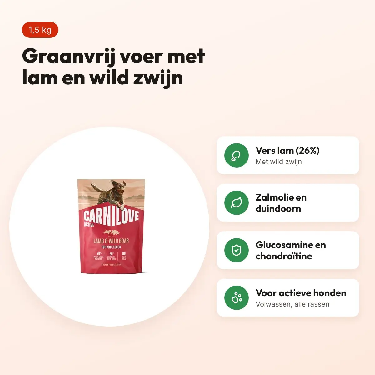 Carnilove hondenvoer Active Adult lam en wild zwijn 1,5 kg – graanvrij – voordelen