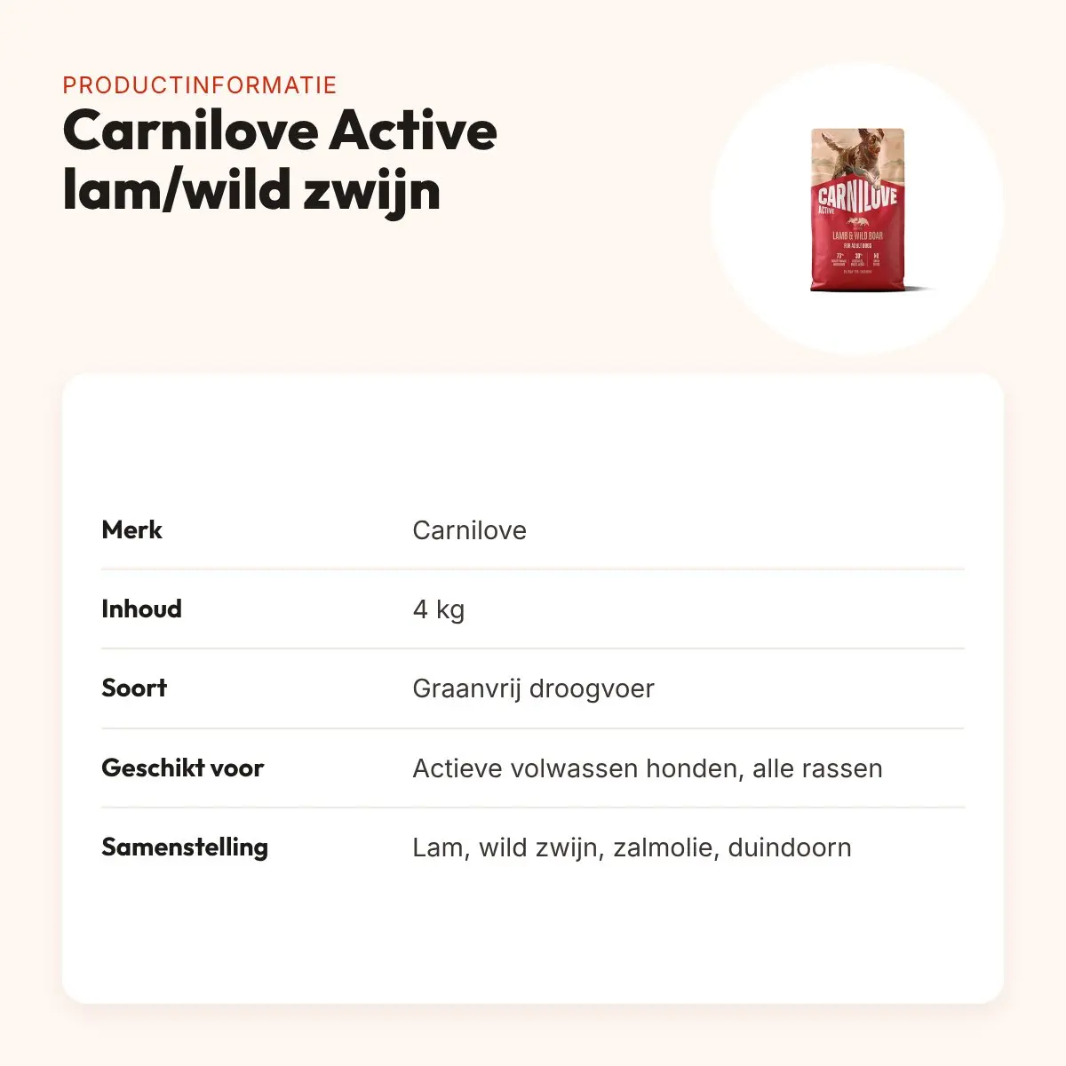 Carnilove hondenvoer Active Adult lam en wild zwijn 4 kg – graanvrij – productinformatie