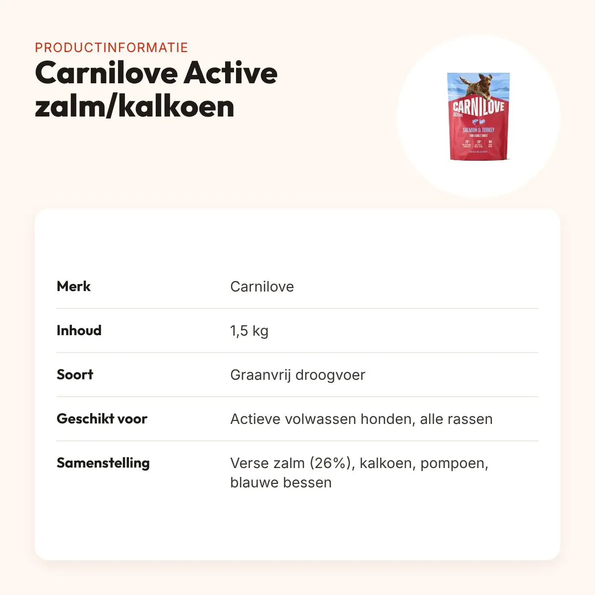 Carnilove hondenvoer Active Adult zalm en kalkoen 1,5 kg – graanvrij – productinformatie
