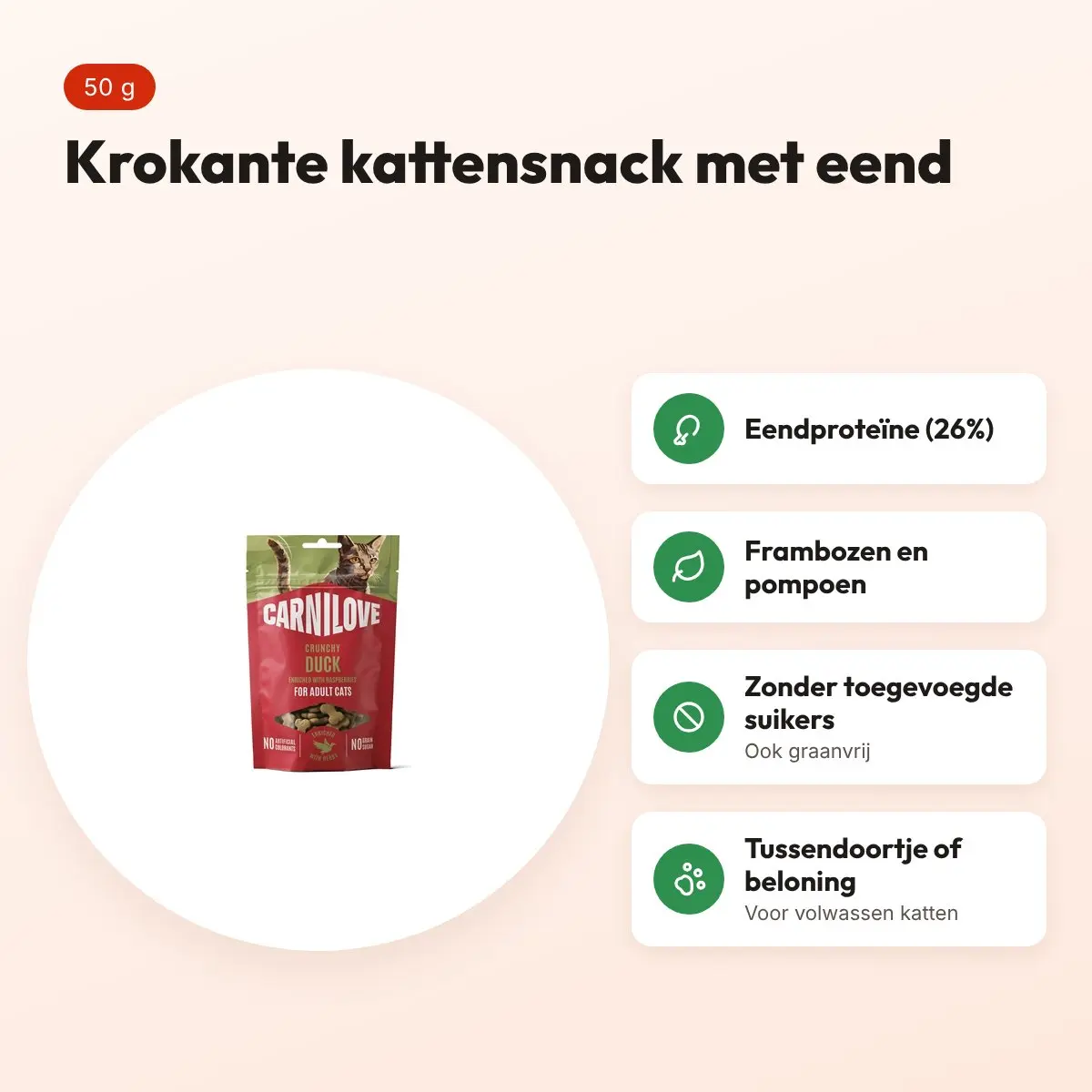 Carnilove kattensnack Crunchy eend en framboos 50 g – graanvrij – voordelen