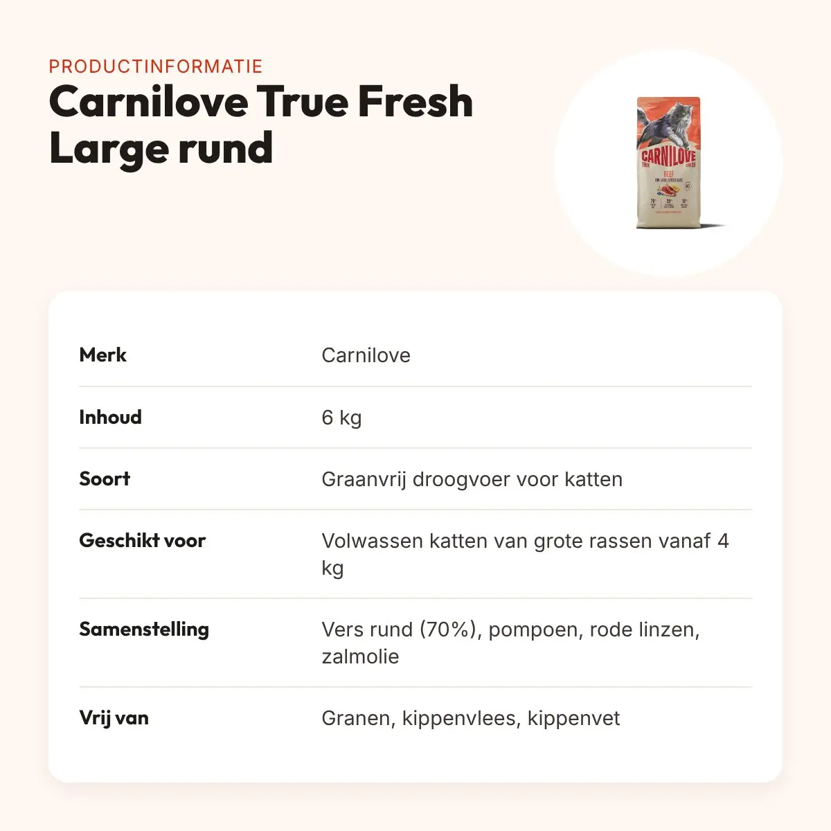 Carnilove kattenvoer True Fresh Large Breed rund 6 kg – graanvrij – productinformatie