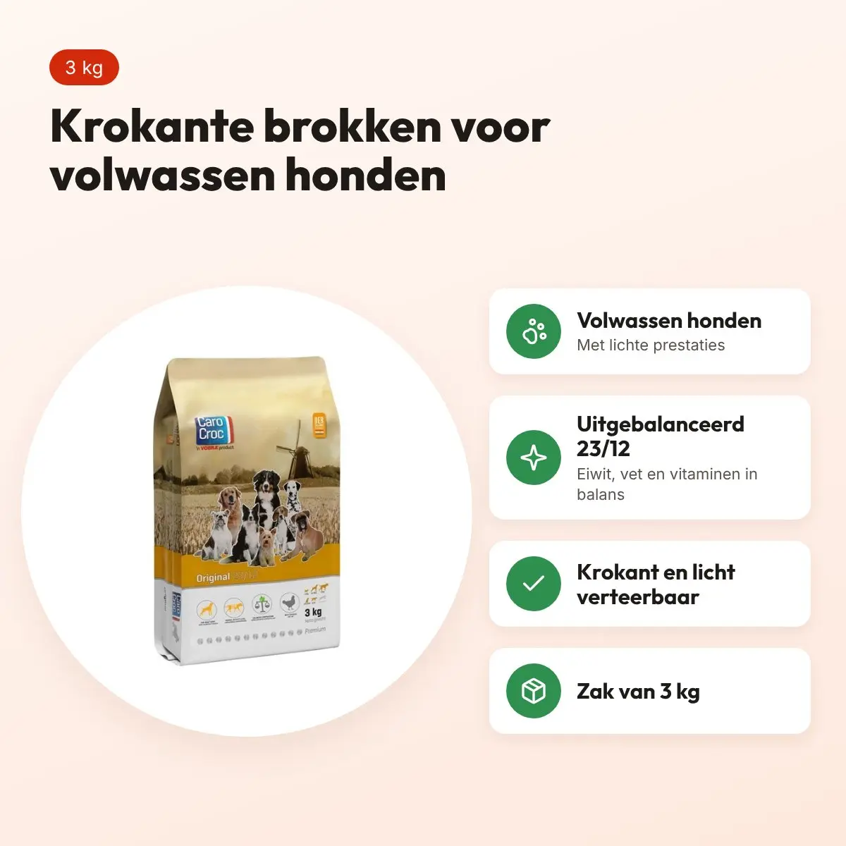 CaroCroc hondenvoer Original 23/12 3 kg – krokant, licht verteerbaar – voordelen