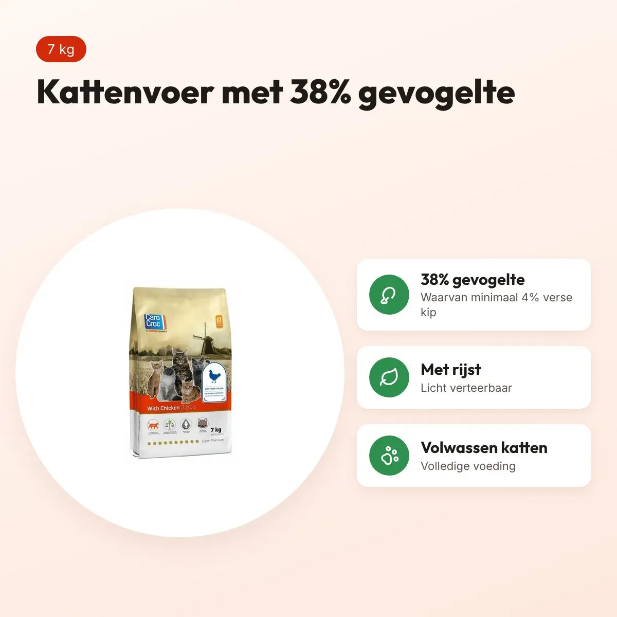Carocroc kattenvoer Kip 7 kg – 38% gevogelte, licht verteerbaar – voordelen