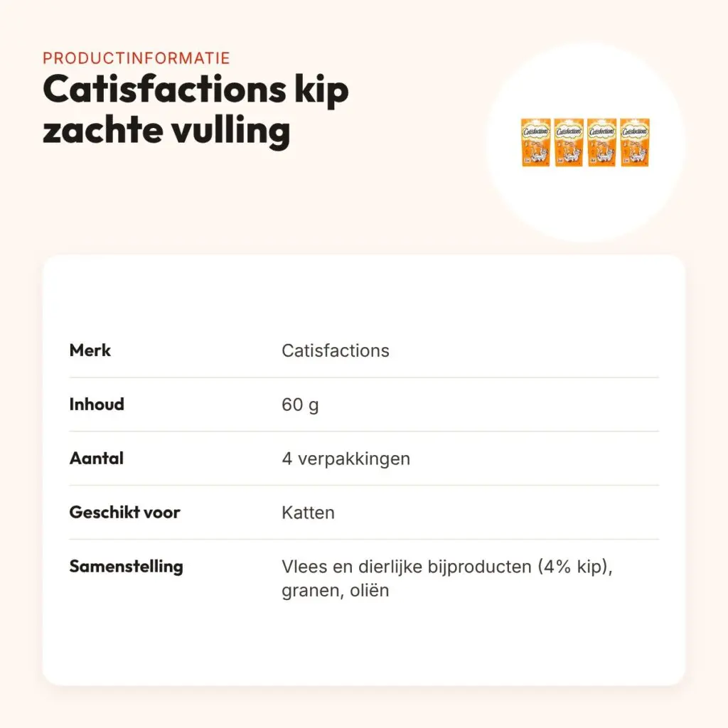 Catisfactions kattensnack kip met zachte vulling 60 g – multipack 4 stuks – productinformatie