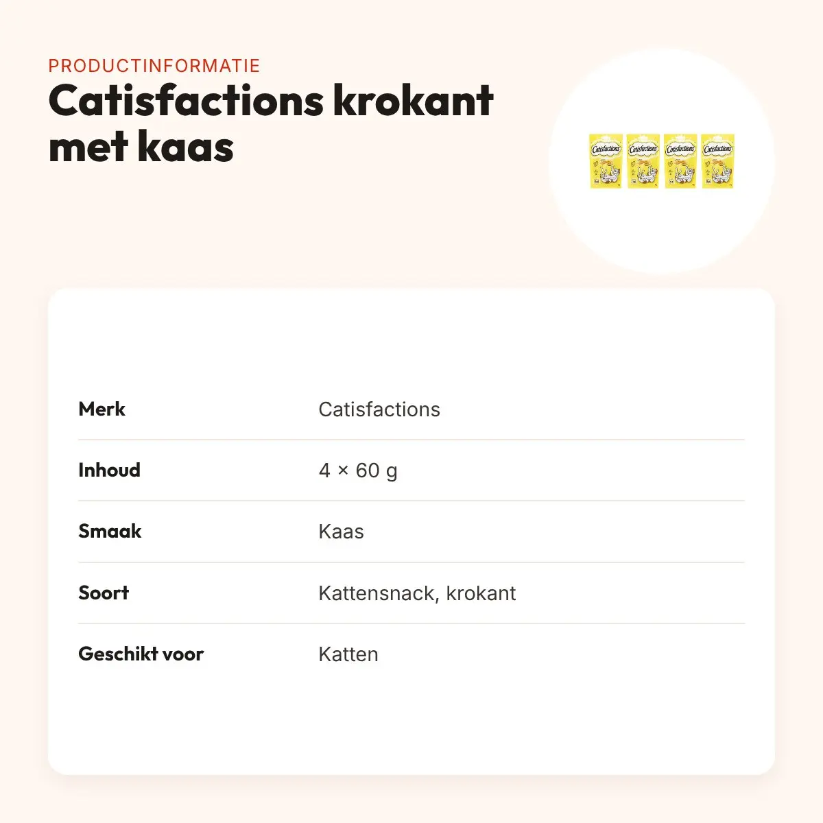 Catisfactions kattensnack krokant met kaas 60 g – multipack 4 stuks – productinformatie