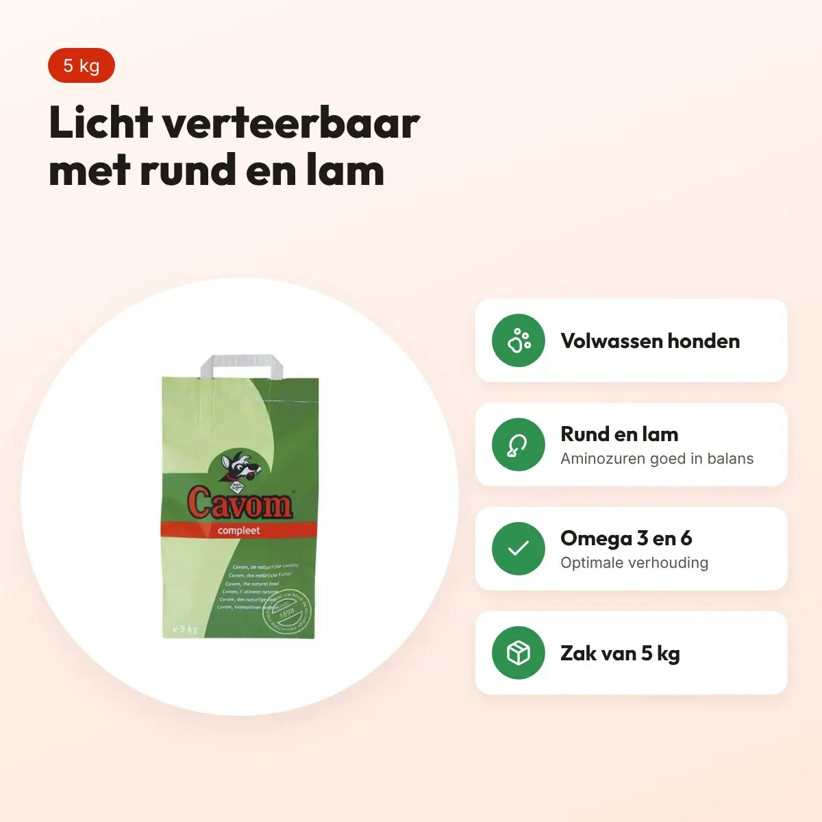 Cavom Compleet hondenvoer volwassen 5 kg – licht verteerbaar, rund en lam – voordelen
