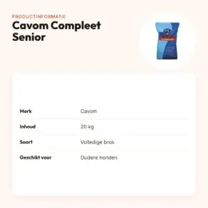 Cavom Compleet Senior hondenvoer 20 kg – laag eiwit, met glucosamine – productinformatie