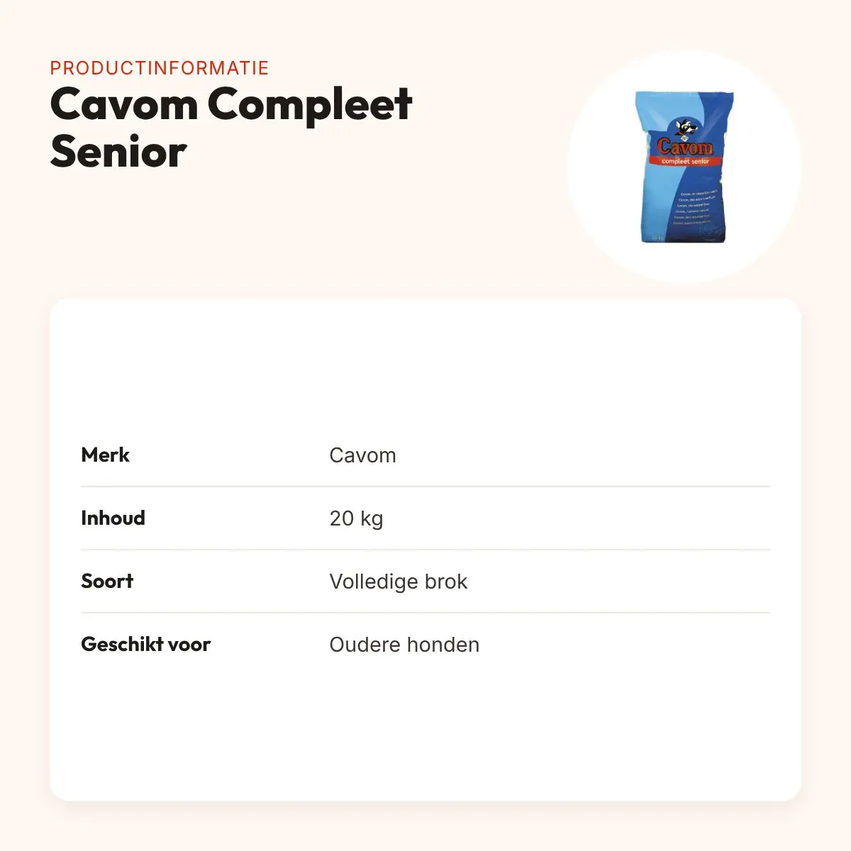 Cavom Compleet Senior hondenvoer 20 kg – laag eiwit, met glucosamine – productinformatie