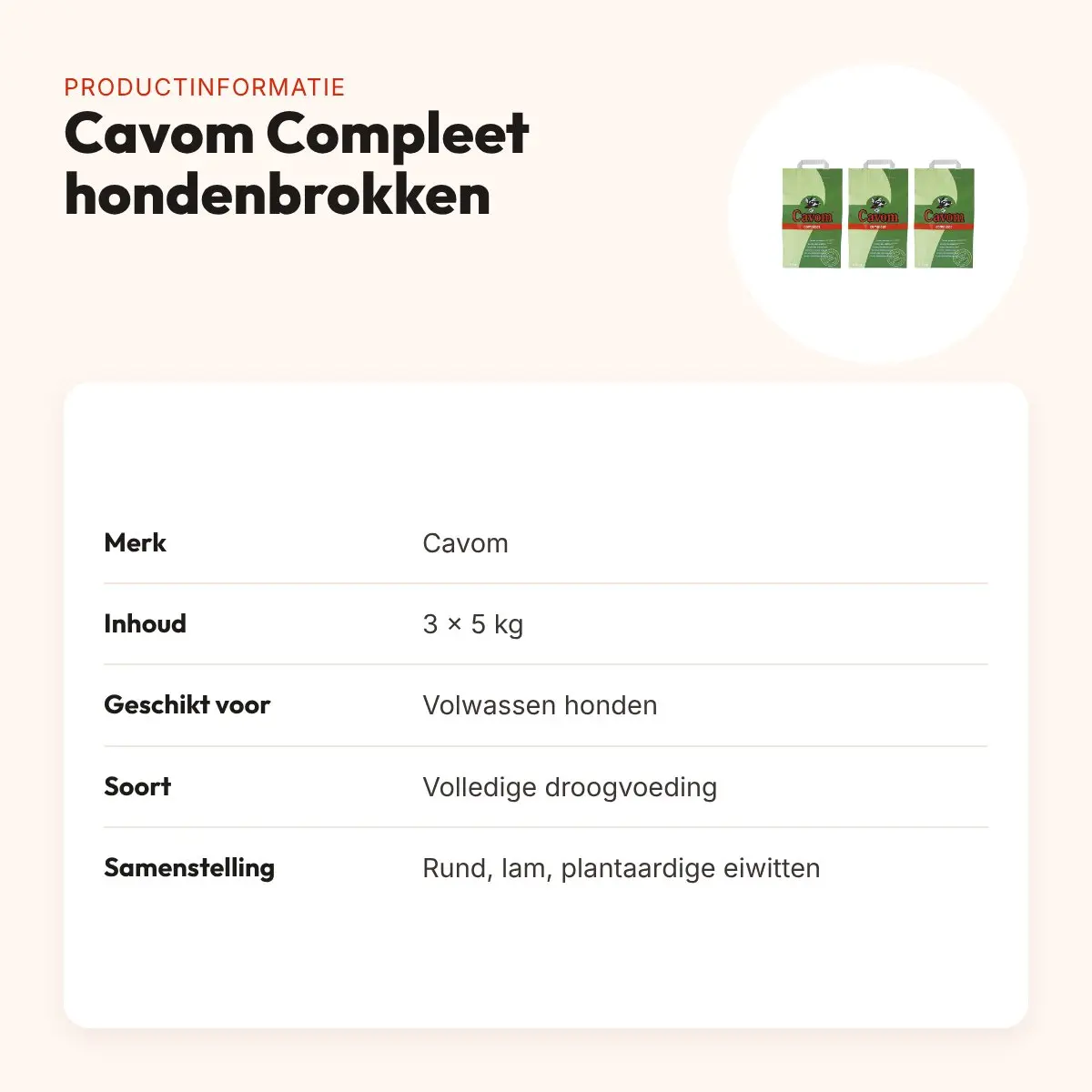 Cavom hondenvoer Compleet 5 kg – multipack 3 stuks – productinformatie