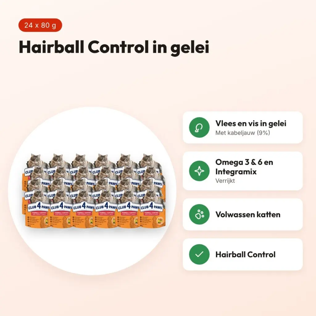 Club 4 Paws kattenvoer Premium Adult Hairball Control 24 x 80 g – gelei – voordelen