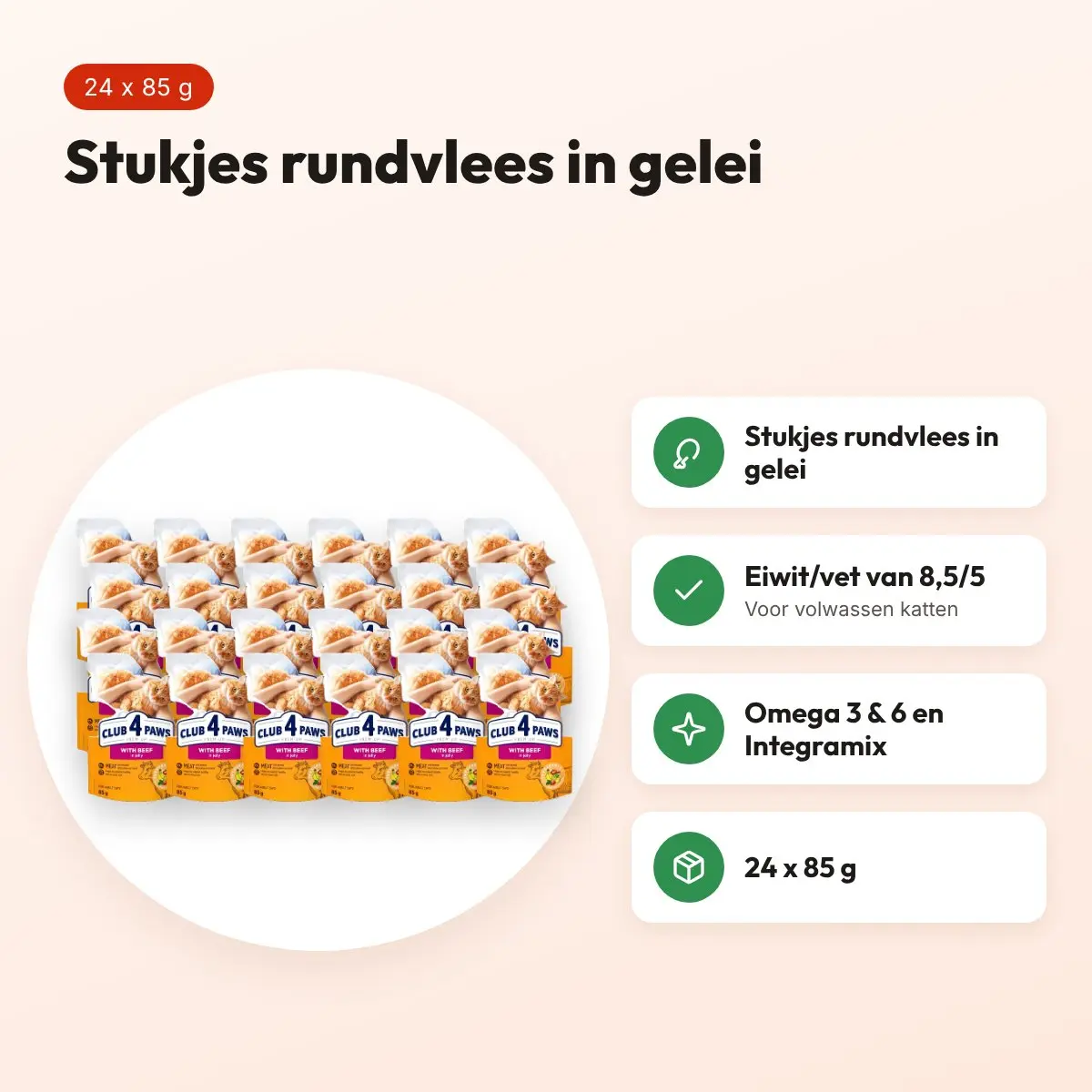 Club 4 Paws kattenvoer Premium Adult rundvlees in gelei 24 x 85 g – voordelen