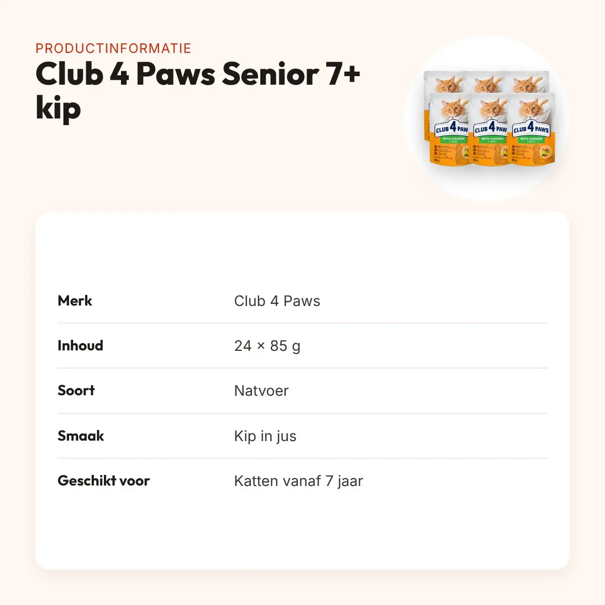 Club 4 Paws kattenvoer Premium Senior 7+ kip in jus 24 x 85 g – productinformatie