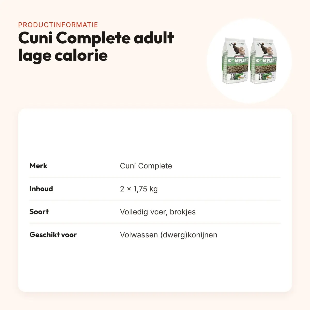 Cuni Complete konijnenvoer adult 1,75 kg – lage calorie – multipack 2 stuks – productinformatie