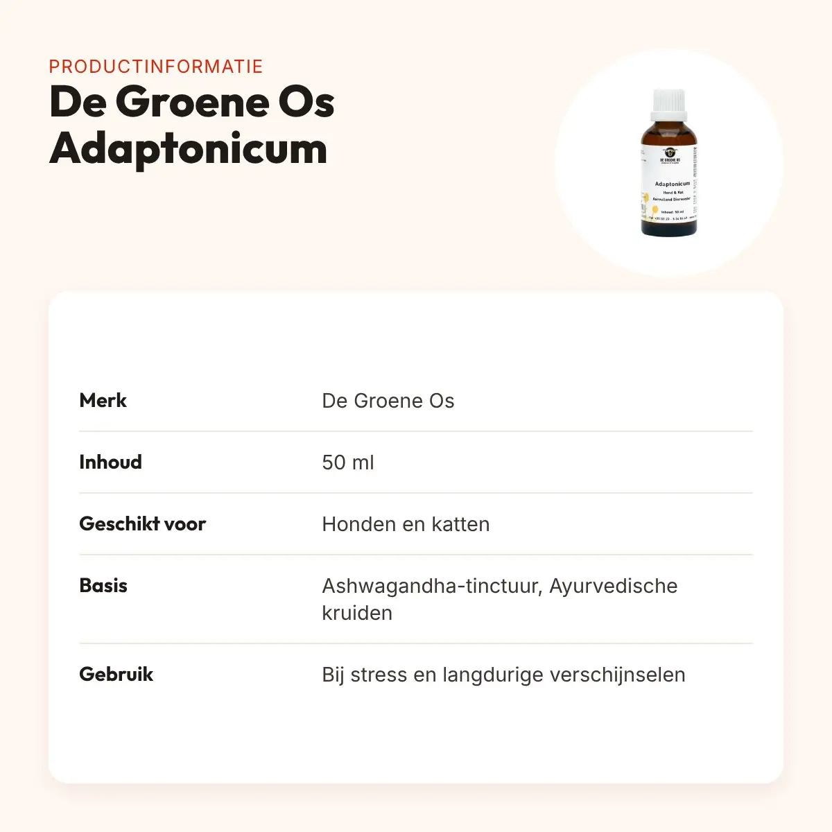 De Groene Os Adaptonicum 50 ml – ashwagandha, hond en kat – productinformatie