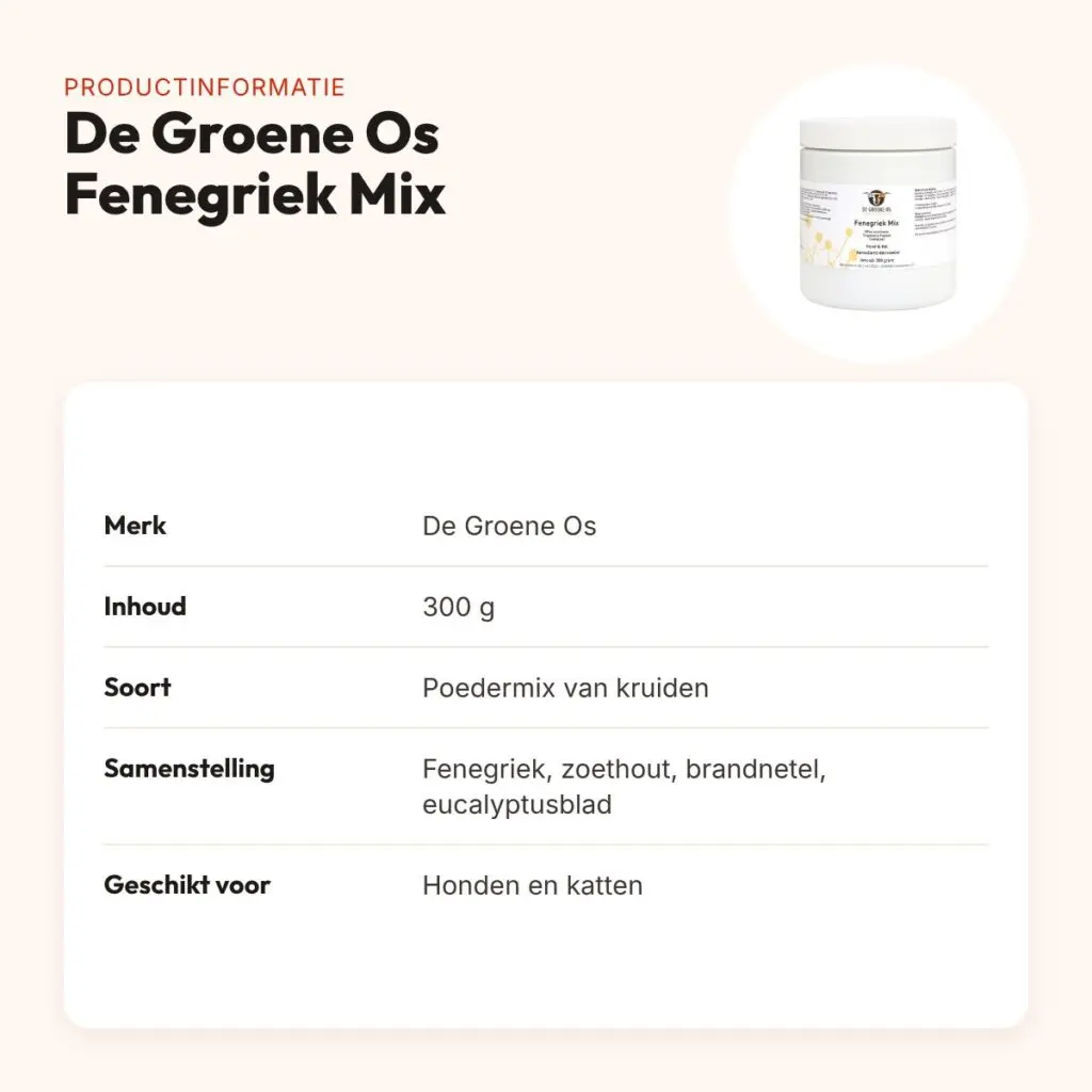 De Groene Os Fenegriek Mix 300 g – poedermix voor hond en kat – productinformatie
