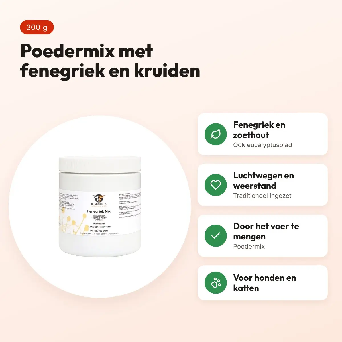 De Groene Os Fenegriek Mix 300 g – poedermix voor hond en kat – voordelen