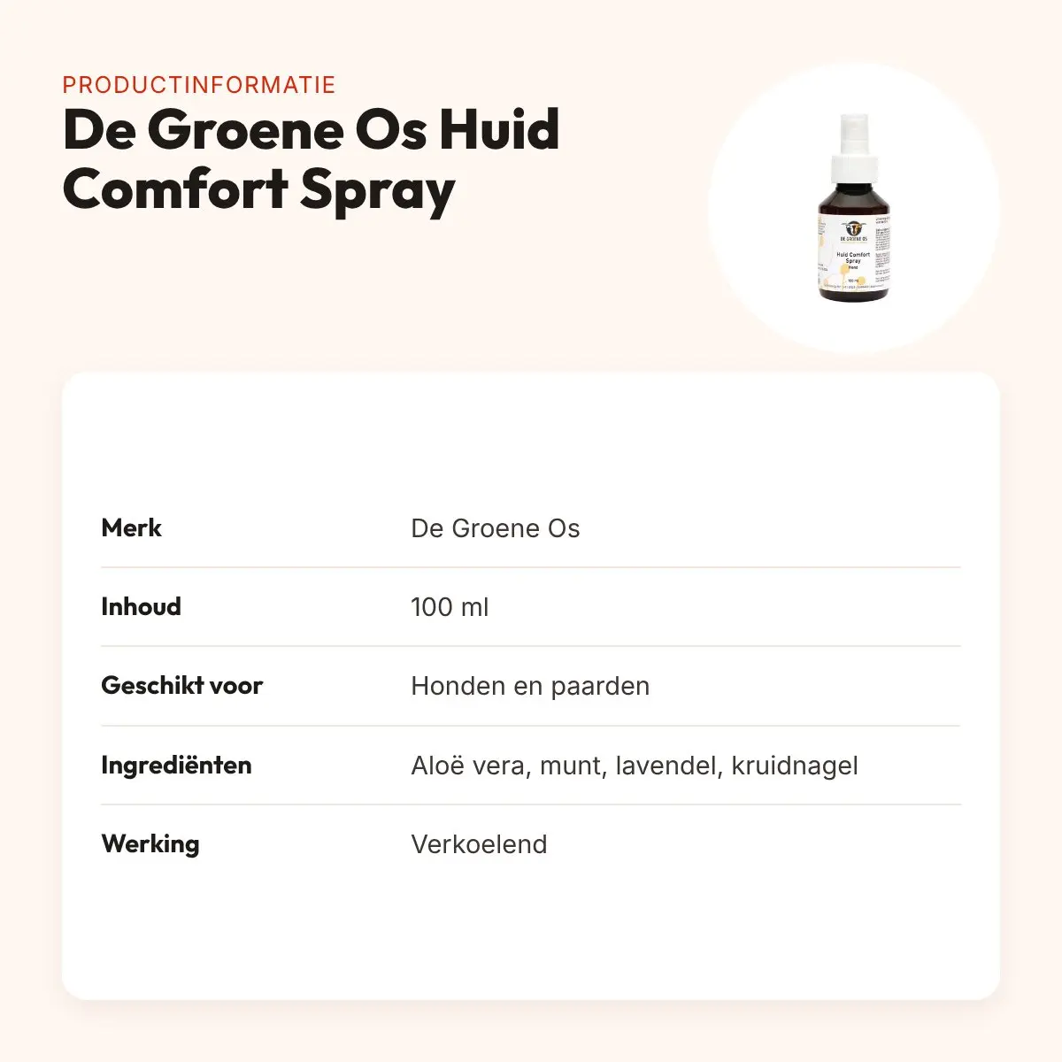 De Groene Os Huid Comfort Spray 100 ml – verkoelend, voor hond en paard – productinformatie