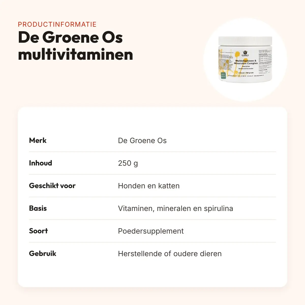 De Groene Os multivitaminen/mineralen complex 250 g – hond en kat – productinformatie