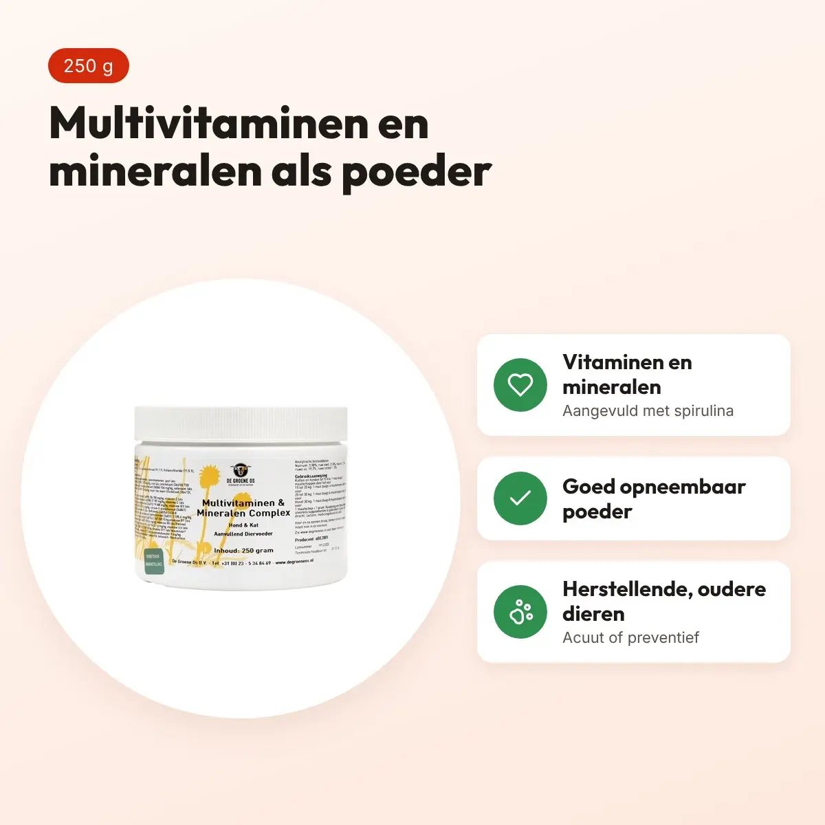 De Groene Os multivitaminen/mineralen complex 250 g – hond en kat – voordelen