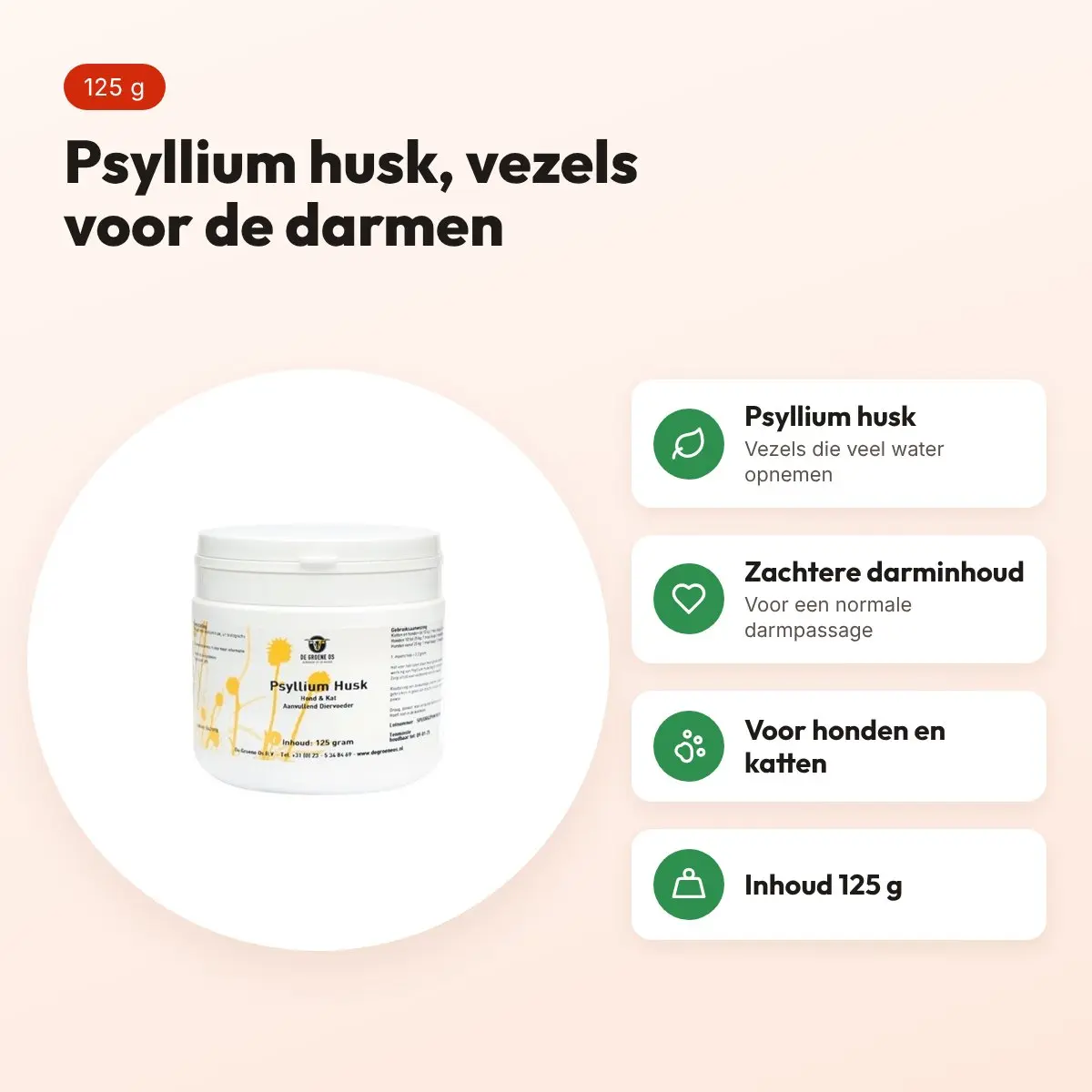 De Groene Os psyllium husk 125 g – vezels voor hond en kat – voordelen