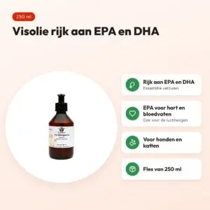De Groene Os Vis Omega visolie 250 ml – EPA en DHA, hond en kat – voordelen