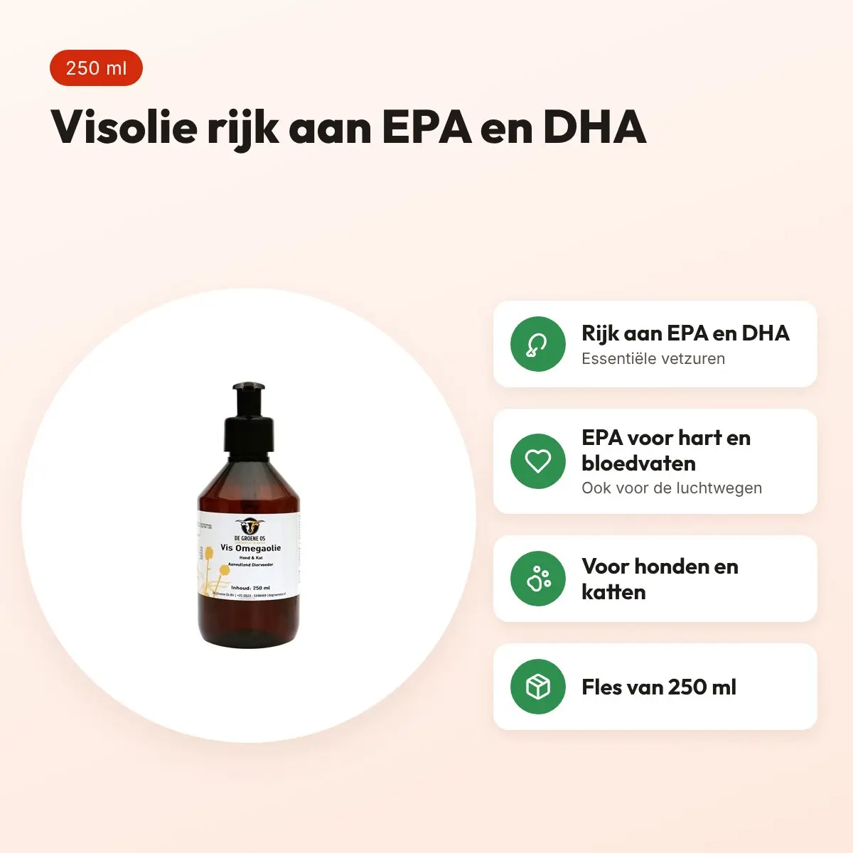De Groene Os Vis Omega visolie 250 ml – EPA en DHA, hond en kat – voordelen