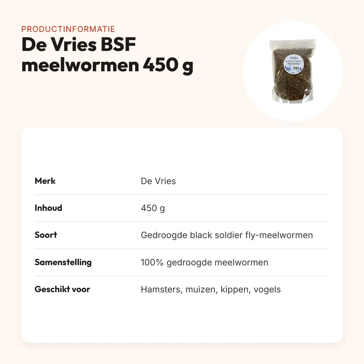 De Vries Black Soldier Fly meelwormen 450 g – 52,6% eiwit, gedroogd – productinformatie