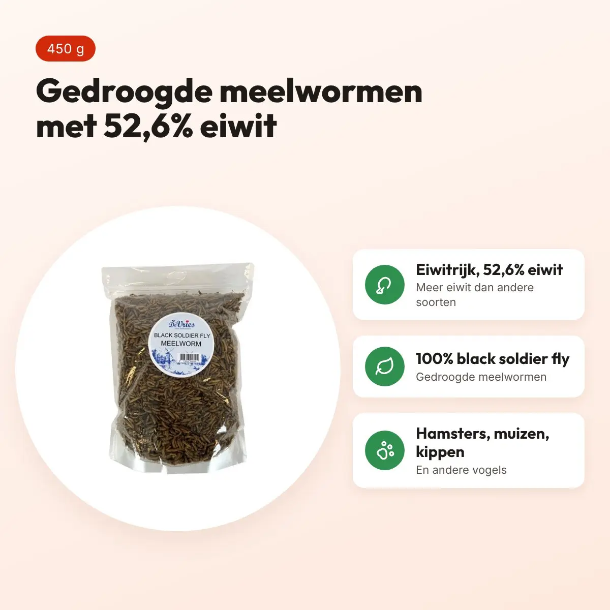De Vries Black Soldier Fly meelwormen 450 g – 52,6% eiwit, gedroogd – voordelen