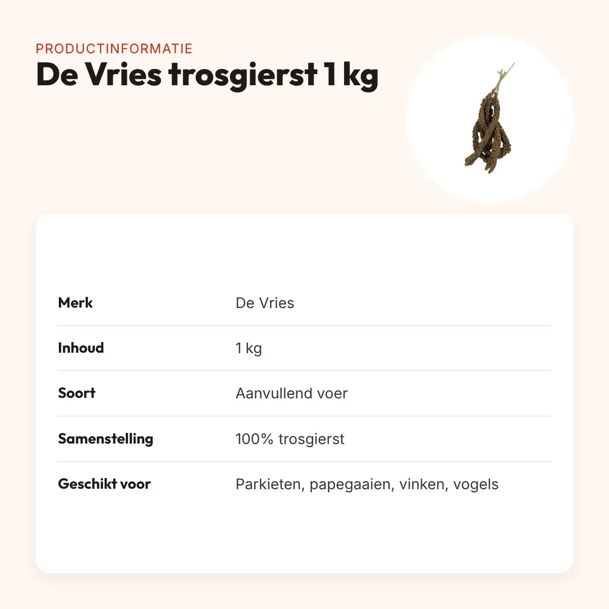 De Vries trosgierst 1 kg – aanvullend voer voor vogels – productinformatie