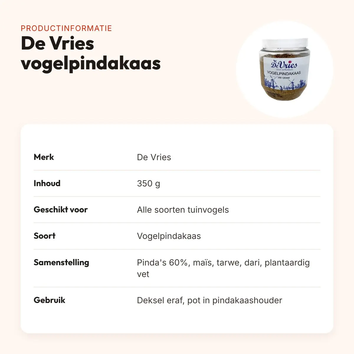 De Vries vogelpindakaas 350 g – calorierijk voer voor tuinvogels – productinformatie