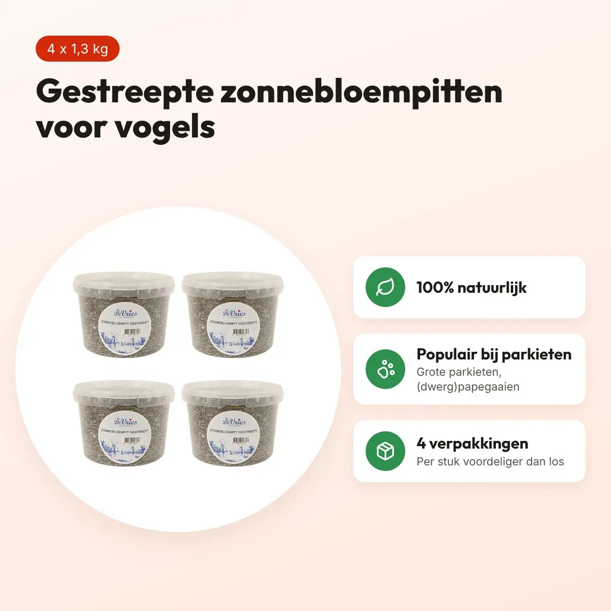 De Vries zonnebloempitten gestreept 1,3 kg – vogelvoer, multipack 4 stuks – voordelen