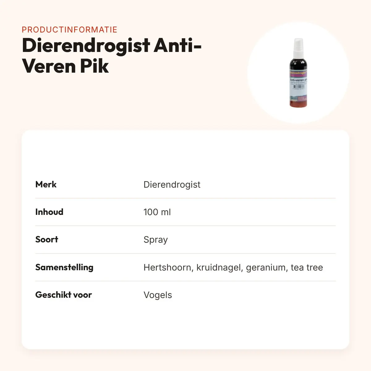 Dierendrogist Anti-Veren Pik spray 100 ml – tegen verenpikken bij vogels – productinformatie