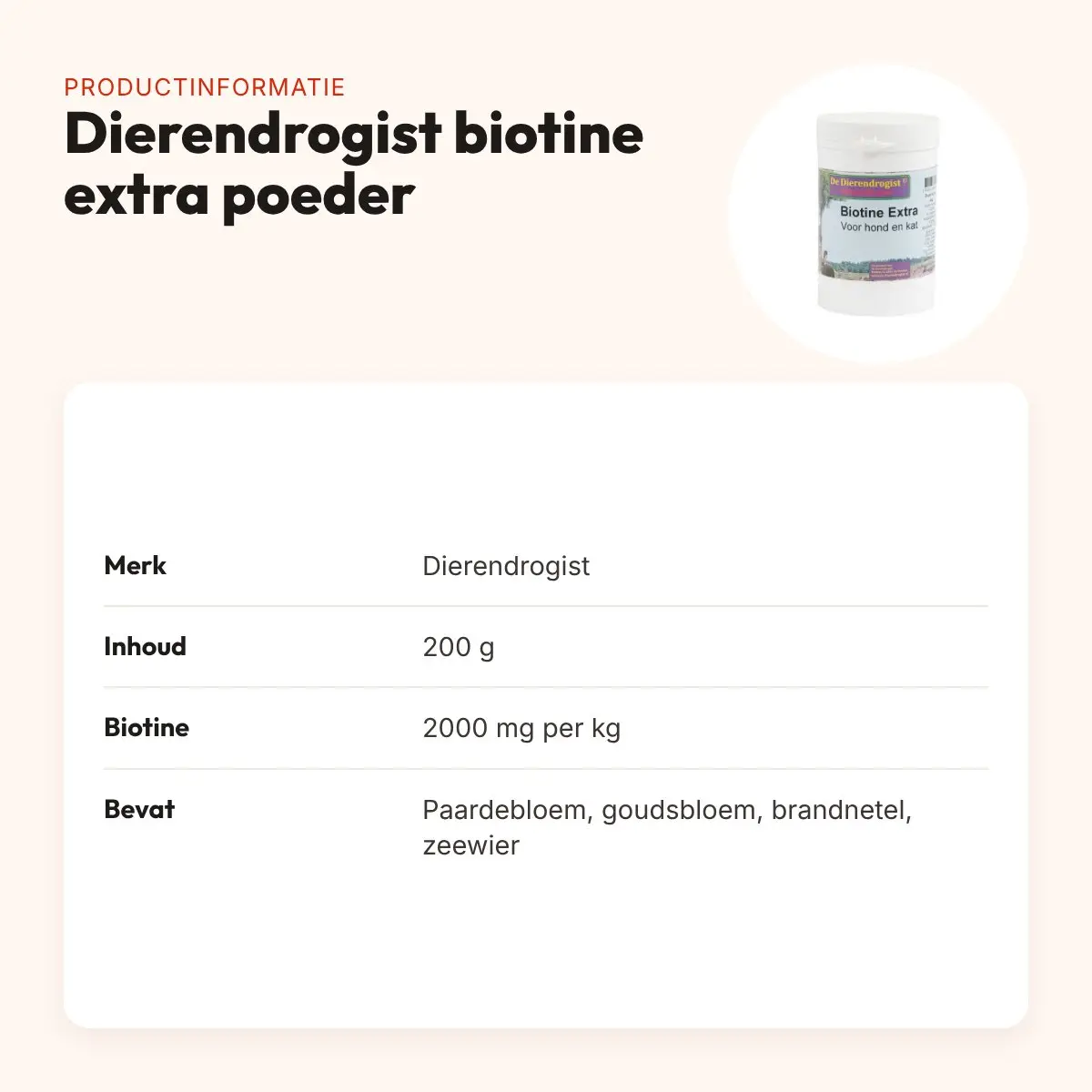Dierendrogist biotine extra poeder 200 g – met kruiden voor hond – productinformatie
