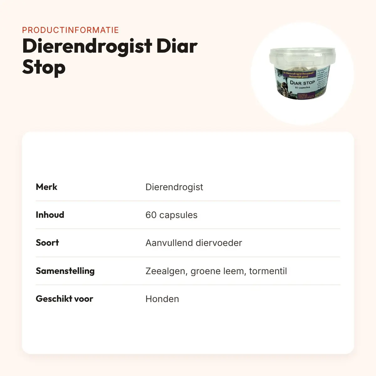 Dierendrogist Diar Stop capsules 60 stuks – darmflora hond – productinformatie