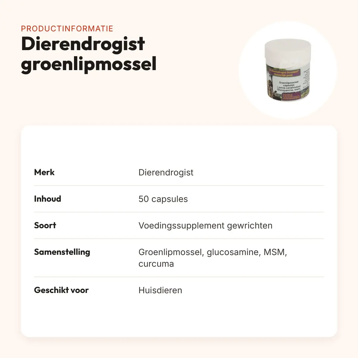 Dierendrogist groenlipmossel met glucosamine, MSM en curcuma 50 stuks – productinformatie