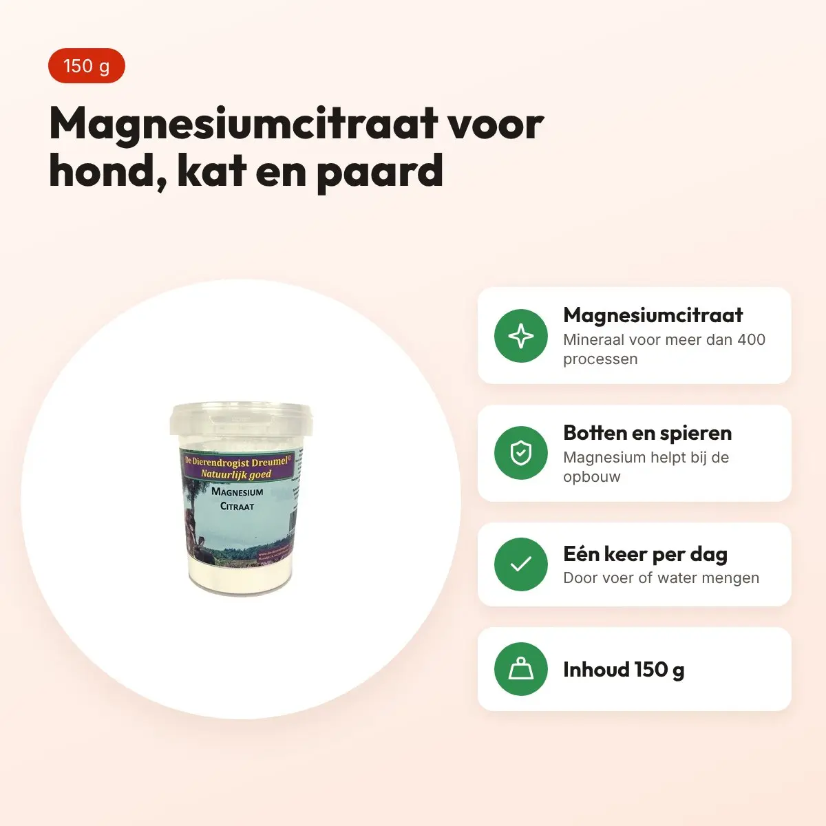 Dierendrogist magnesiumcitraat 150 g – hond, kat en paard – voordelen