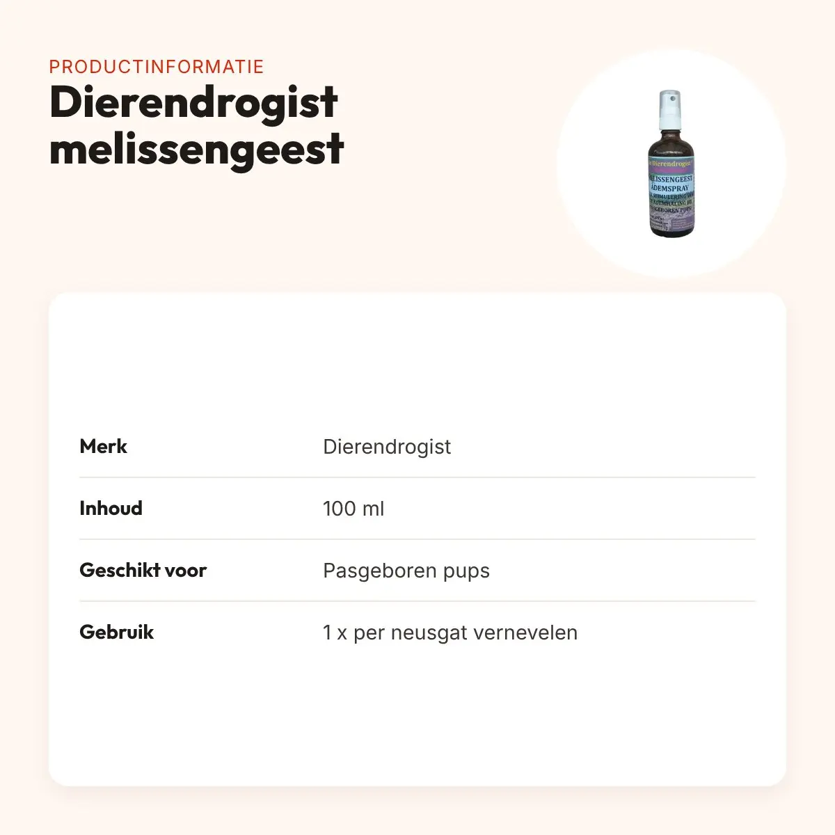 Dierendrogist melissengeest ademspray pup 100 ml – productinformatie