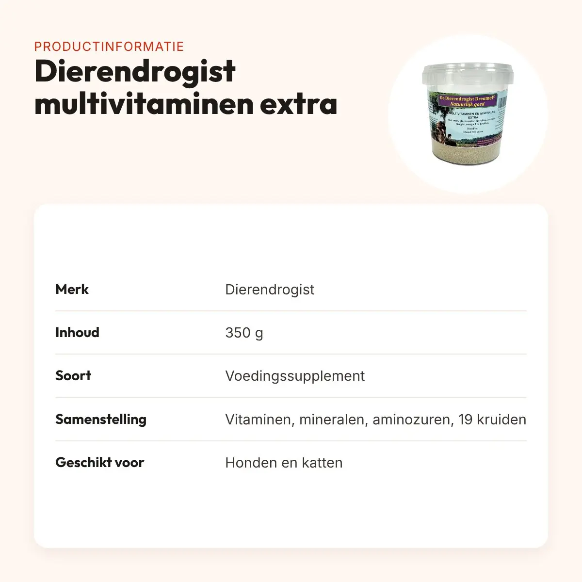 Dierendrogist multivitaminen en mineralen extra 350 g – hond, kat – productinformatie