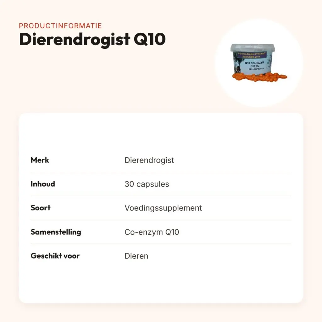 Dierendrogist Q10 capsules 30 stuks – co-enzym Q10 voor dieren – productinformatie