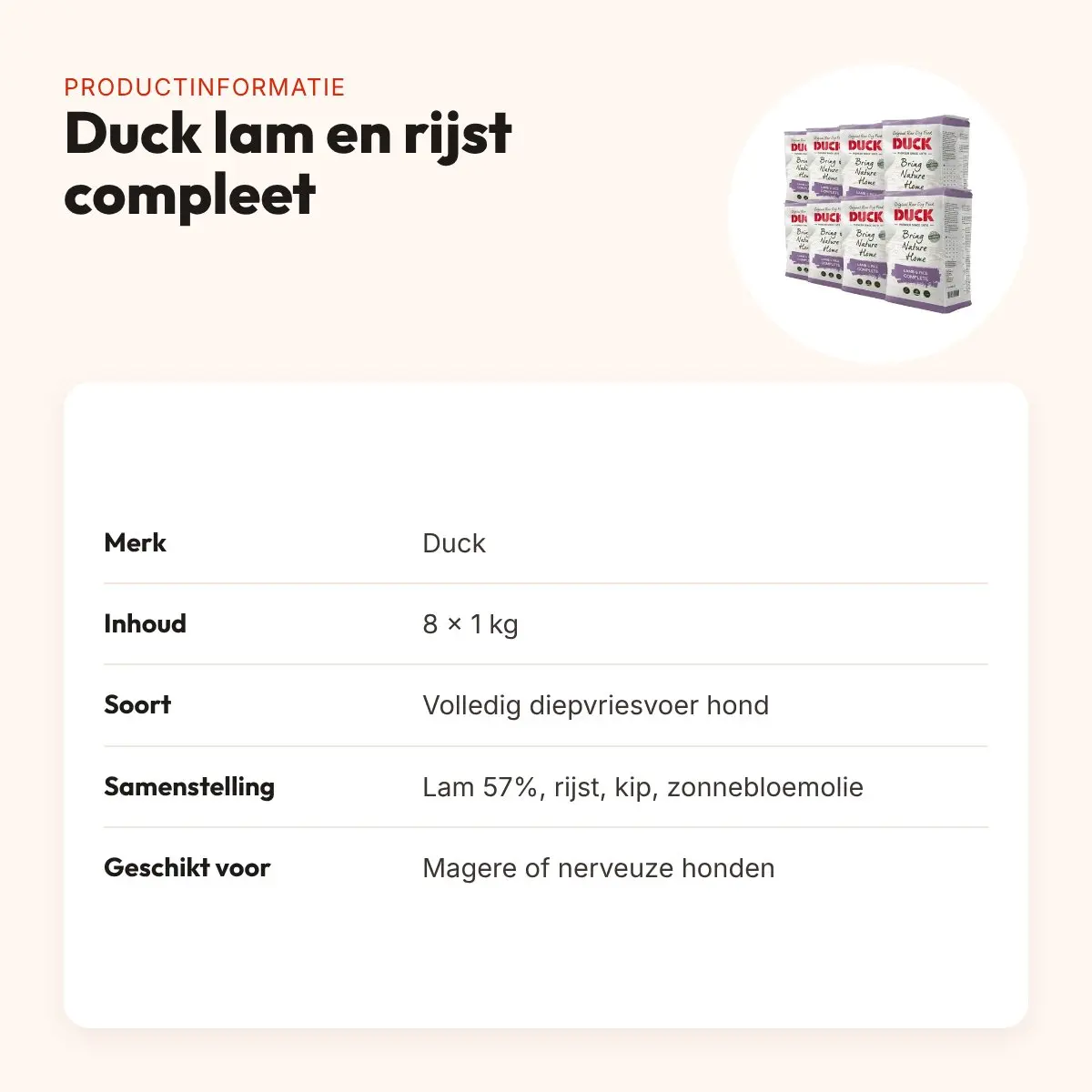 Duck lam en rijst compleet hondenvoer 8 x 1 kg – vers vlees – productinformatie