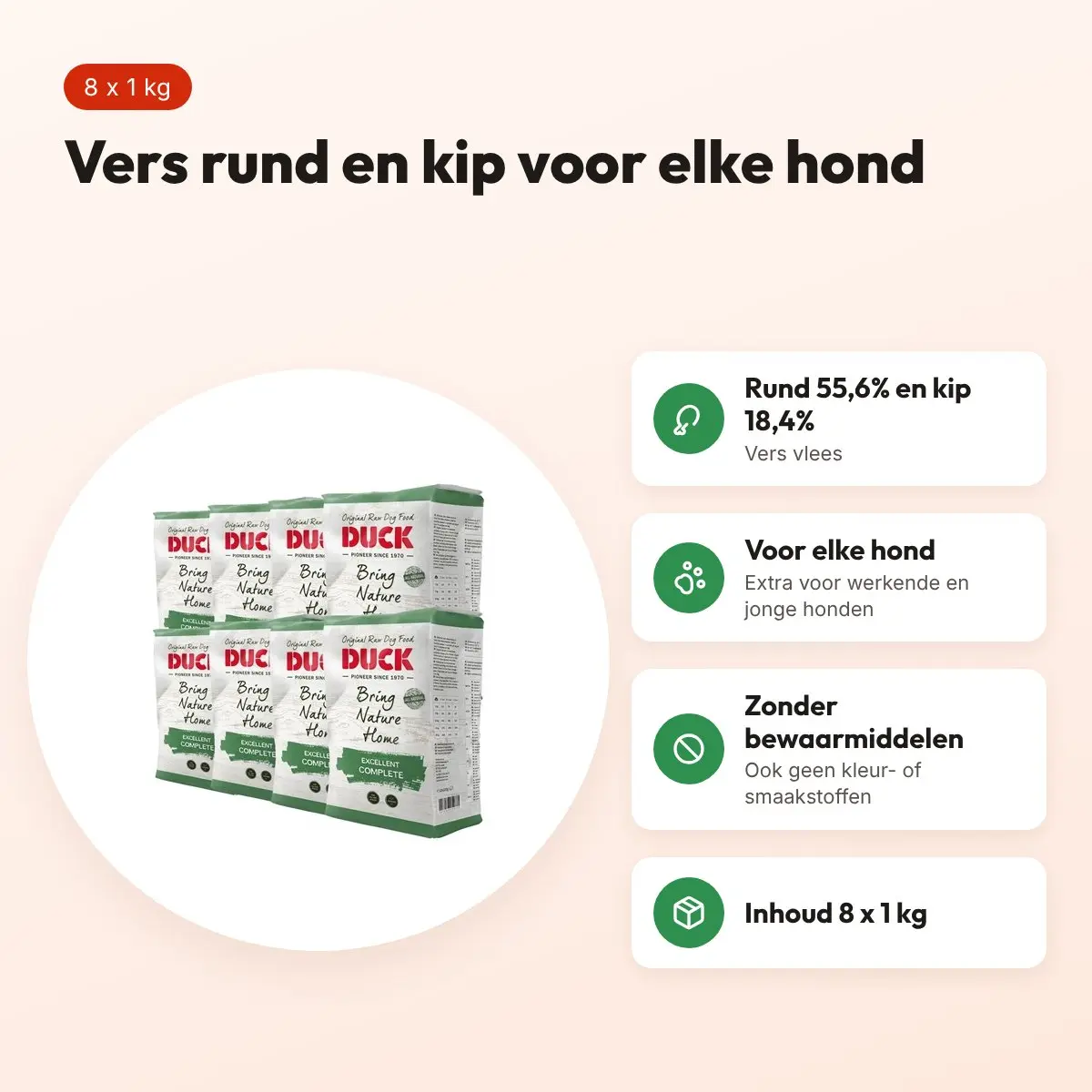 Duck Uitmuntend Compleet hondenvoer 8 x 1 kg – vers vlees – voordelen