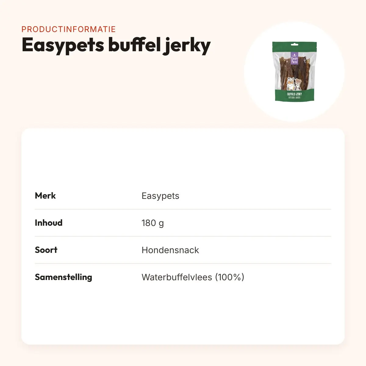 Easypets buffel jerky 180 g – gedroogde strips waterbuffel – productinformatie