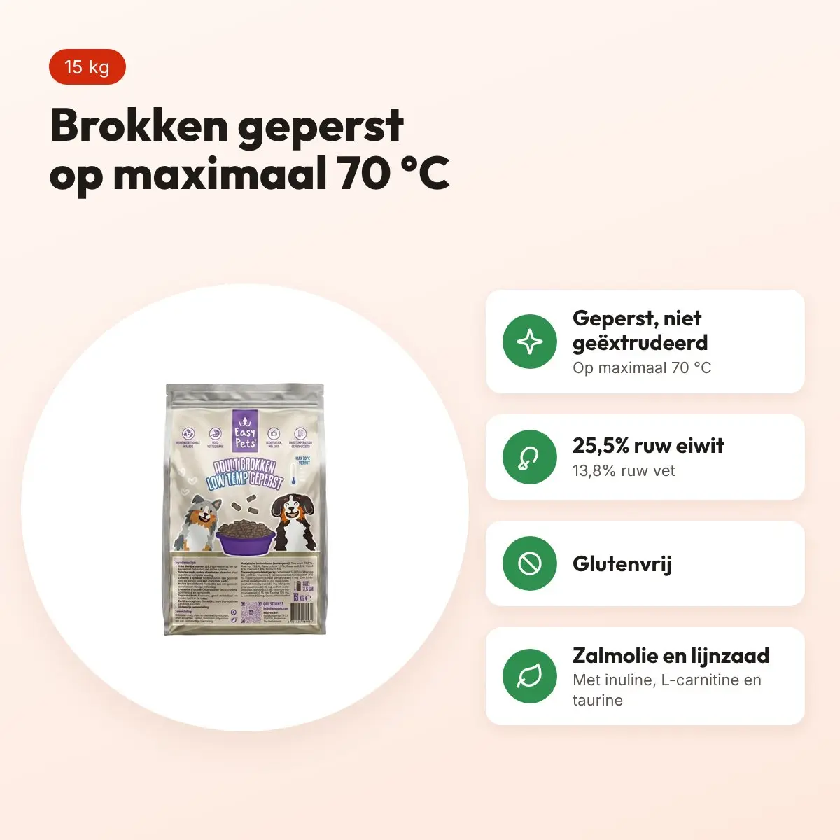 Easypets hondenvoer Low Temp geperst Adult 15 kg – glutenvrij – voordelen