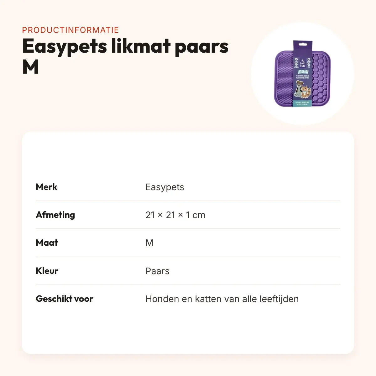 Easypets likmat Paars M 21 x 21 cm – voor honden en katten – productinformatie