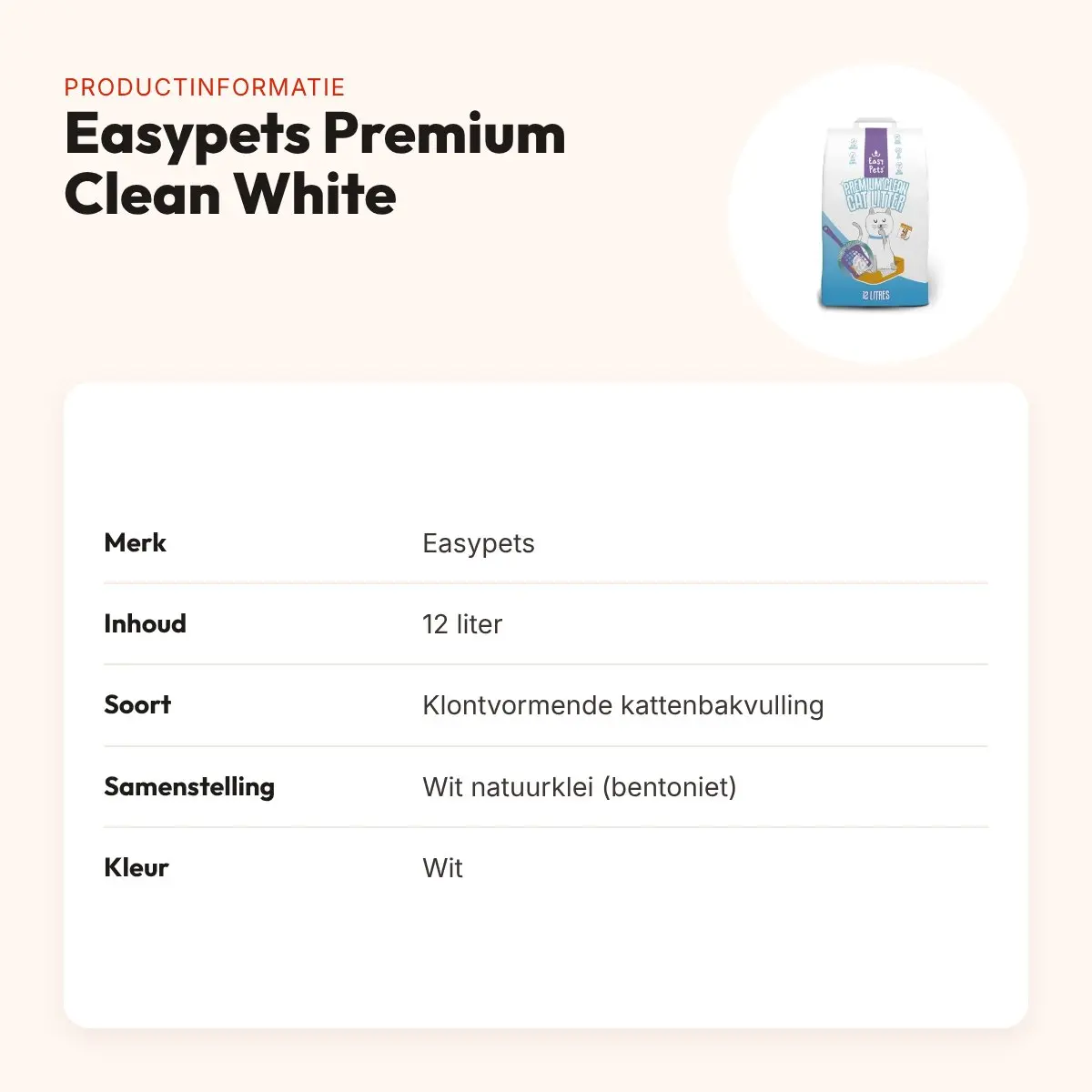 Easypets Premium Clean White Bentonite kattenbakvulling 12 liter – productinformatie