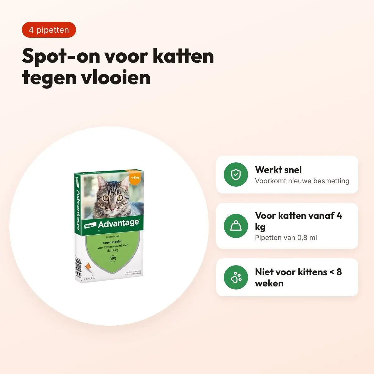 Elanco Advantage spot-on kat vanaf 4 kg 0,8 ml – 4 pipetten – voordelen